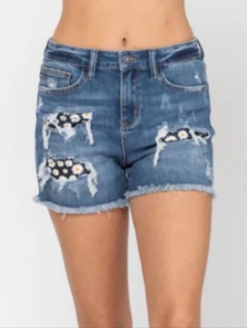 Judy Blue Daisy Patch Distressed Frayed Hem High Waist Shorts Sz Medium - Picture 12 of 12